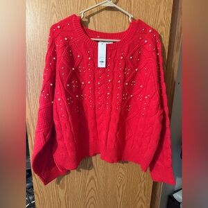 Francesca’s Beverly Pearl Embellished Cable Pullover Sweater Red NWT
